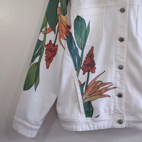 Chico's Tropical Embellished White Denim Jacket Floral Artsy 16/18 Chico 3 - Picture 6 of 12